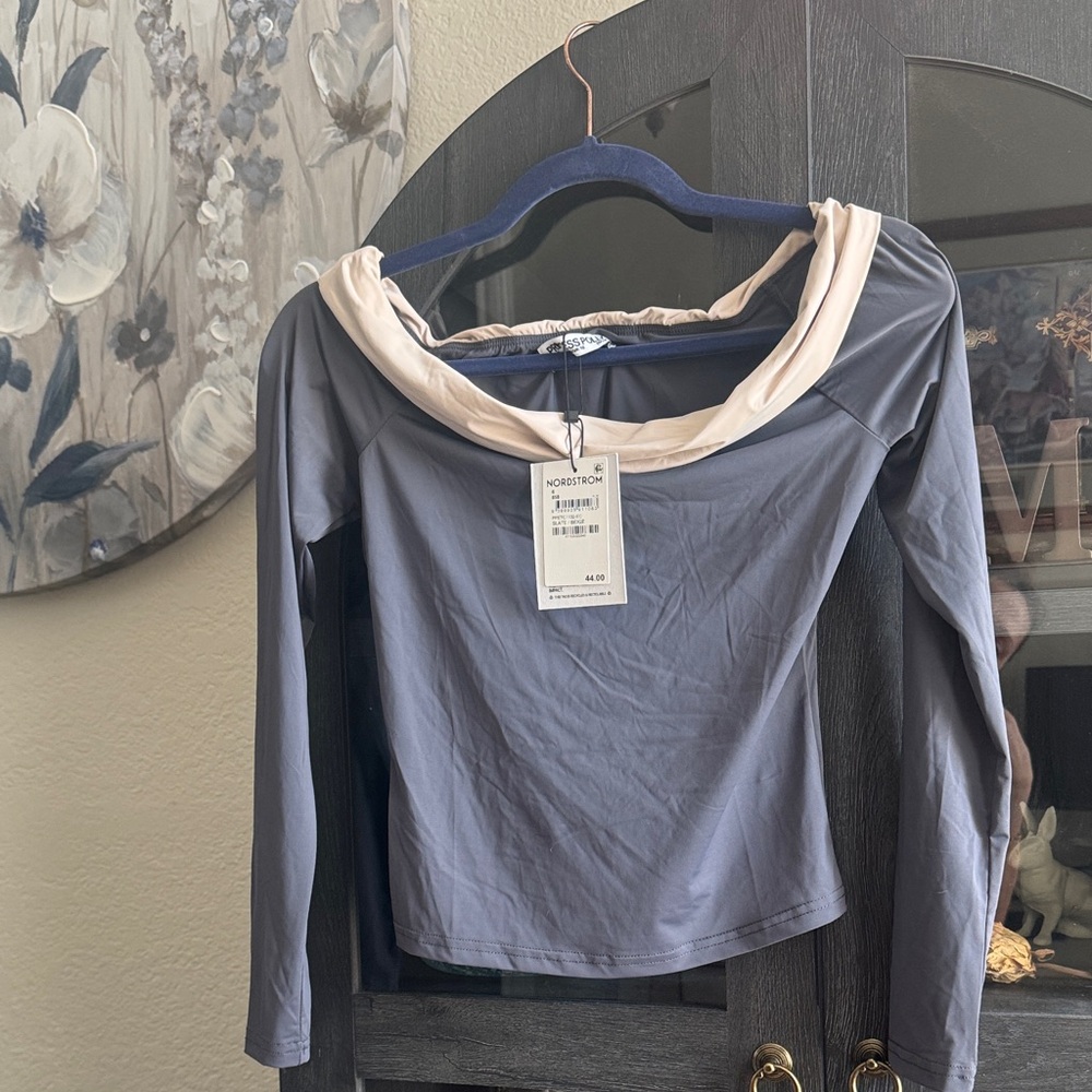 Princess Polly Slate Blue Off-Shoulder Long Sleeve Top with Cream Trim